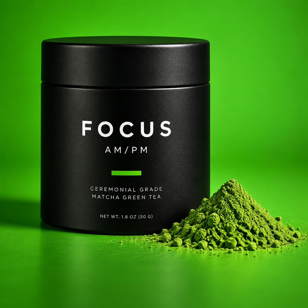 Focus:AM/PM ceremonial grade matcha tin with vivid green matcha powder